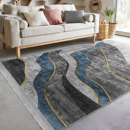 Abstract Area Rug|Gray Blue Carpet|Machine-Washable Fringed Non-Slip Mat|Farmhouse Multi-Purpose Anti-Slip Carpet|Bohemian Living Room Rug