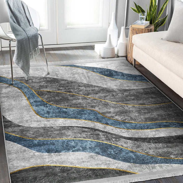 Abstract Area Rug|Gray Blue Carpet|Machine-Washable Fringed Non-Slip Mat|Farmhouse Multi-Purpose Anti-Slip Carpet|Bohemian Living Room Rug