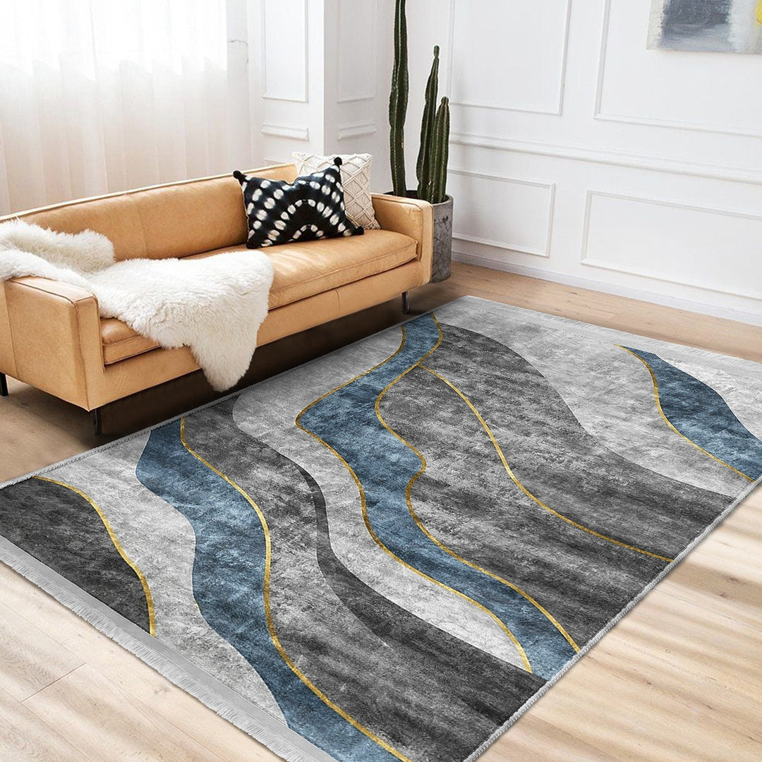 Abstract Area Rug|Gray Blue Carpet|Machine-Washable Fringed Non-Slip Mat|Farmhouse Multi-Purpose Anti-Slip Carpet|Bohemian Living Room Rug