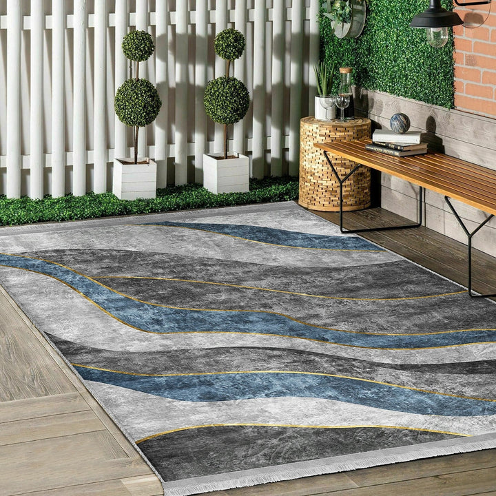 Abstract Area Rug|Gray Blue Carpet|Machine-Washable Fringed Non-Slip Mat|Farmhouse Multi-Purpose Anti-Slip Carpet|Bohemian Living Room Rug