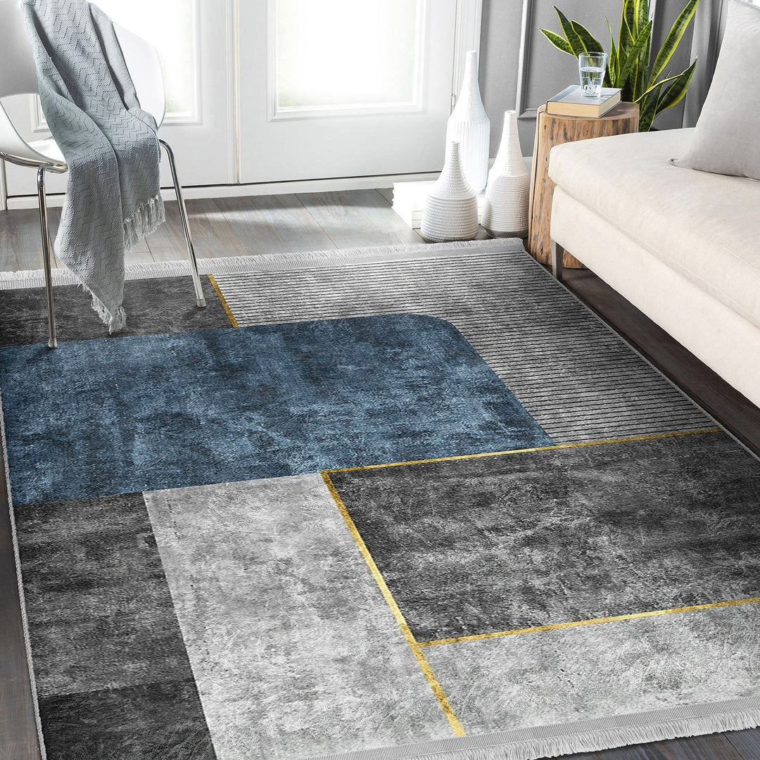 Stylish Area Rug|Abstract Boho Carpet|Machine-Washable Fringed Non-Slip Mat|Modern Multi-Purpose Anti-Slip Carpet|Gray Blue Living Room Rug