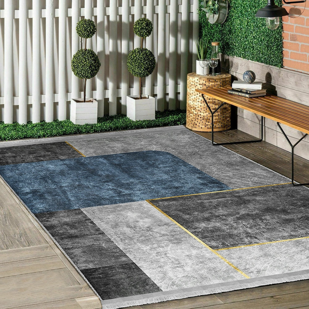 Stylish Area Rug|Abstract Boho Carpet|Machine-Washable Fringed Non-Slip Mat|Modern Multi-Purpose Anti-Slip Carpet|Gray Blue Living Room Rug