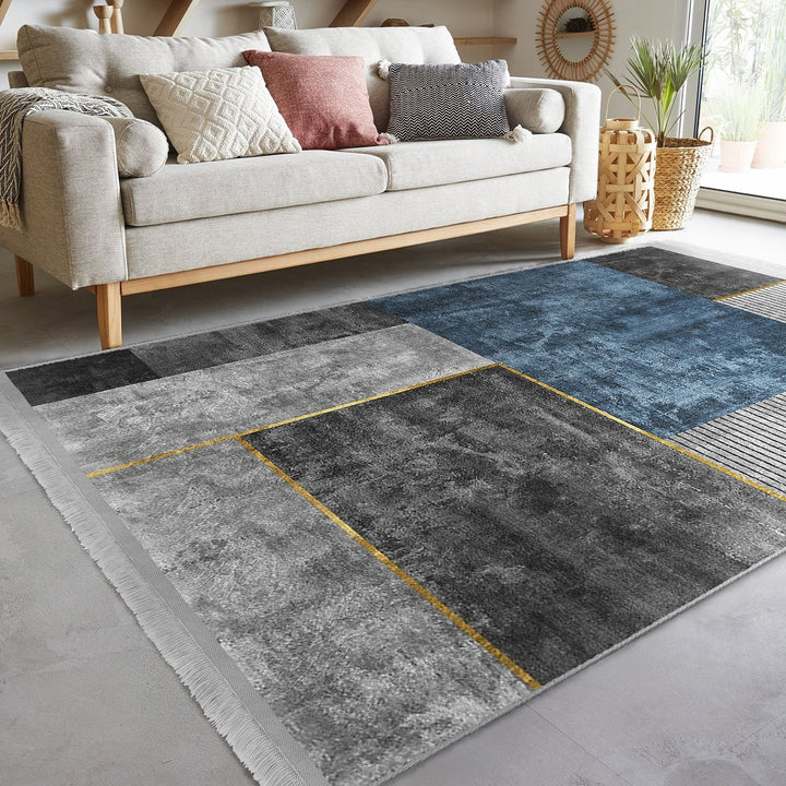 Stylish Area Rug|Abstract Boho Carpet|Machine-Washable Fringed Non-Slip Mat|Modern Multi-Purpose Anti-Slip Carpet|Gray Blue Living Room Rug