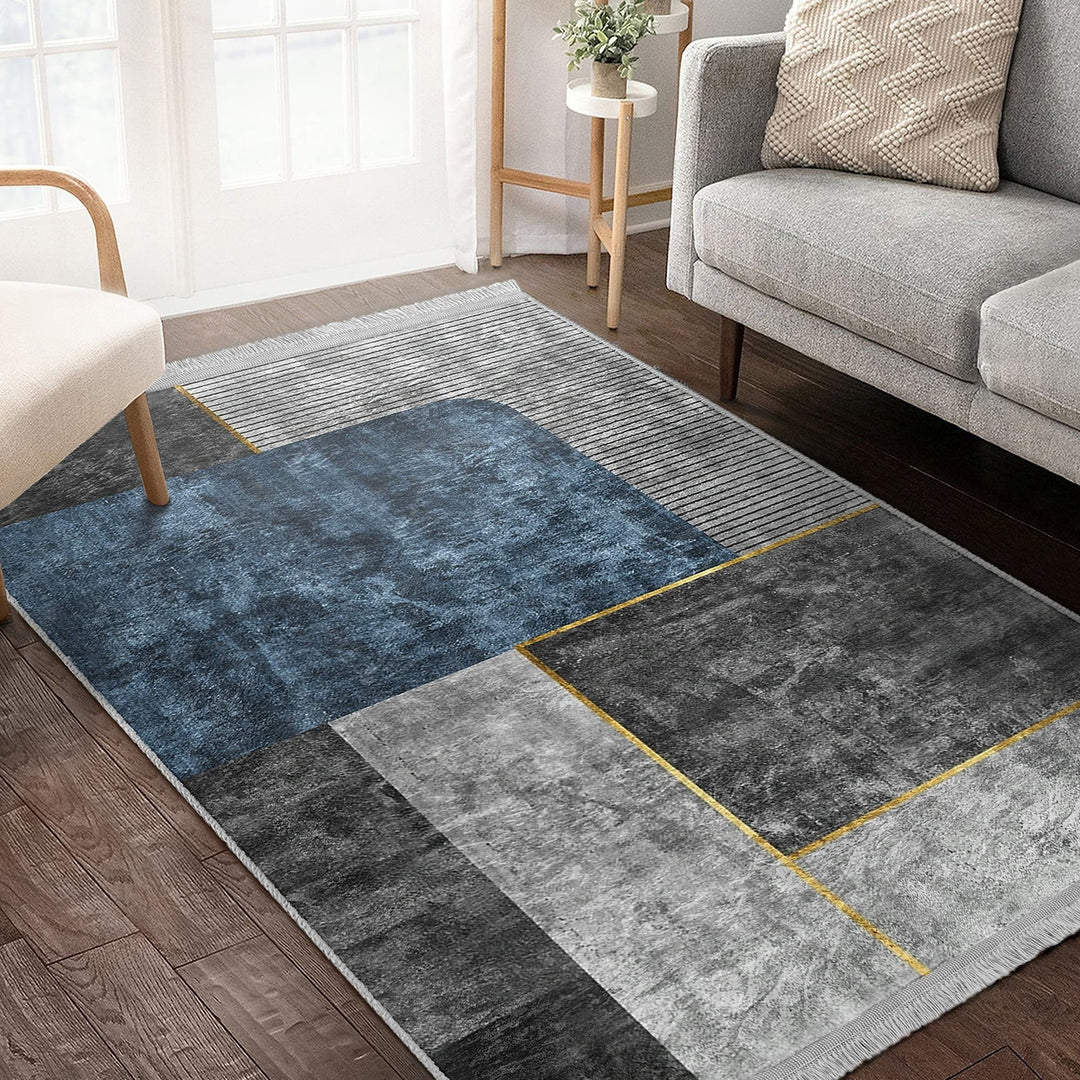 Stylish Area Rug|Abstract Boho Carpet|Machine-Washable Fringed Non-Slip Mat|Modern Multi-Purpose Anti-Slip Carpet|Gray Blue Living Room Rug