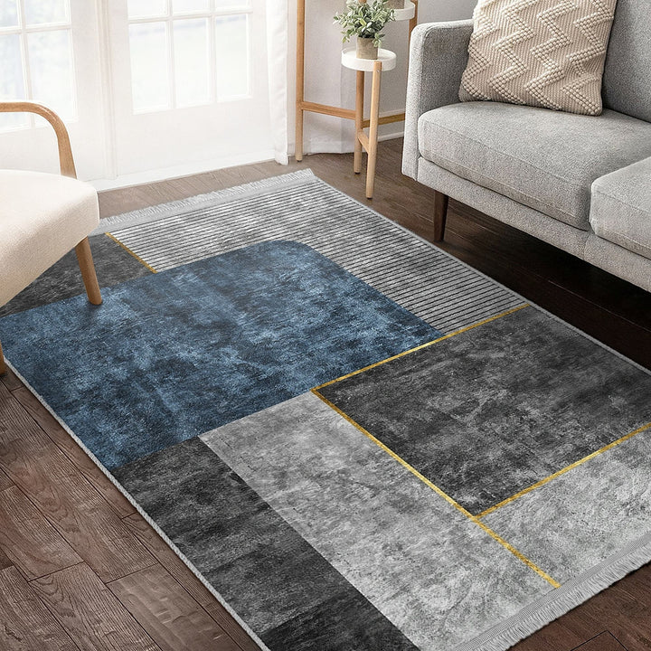 Stylish Area Rug|Abstract Boho Carpet|Machine-Washable Fringed Non-Slip Mat|Modern Multi-Purpose Anti-Slip Carpet|Gray Blue Living Room Rug