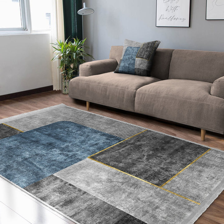 Stylish Area Rug|Abstract Boho Carpet|Machine-Washable Fringed Non-Slip Mat|Modern Multi-Purpose Anti-Slip Carpet|Gray Blue Living Room Rug
