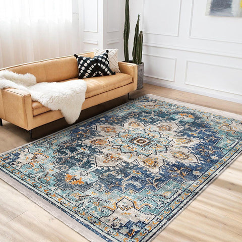Oushak Pattern Rug|Ethnic Design Authentic Carpet|Machine-Washable Fringed Non-Slip Rug|Multi-Purpose Anti-Slip Rustic Anatolian Carpet