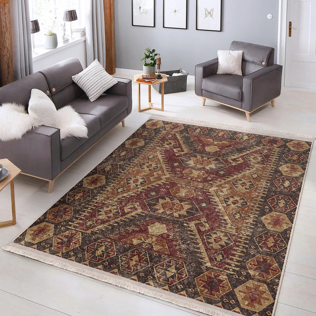 Oushak Pattern Rug|Rustic Design Farmhouse Carpet|Machine-Washable Fringed Non-Slip Rug|Ethnic Worn Looking Multi-Purpose Anti-Slip Carpet