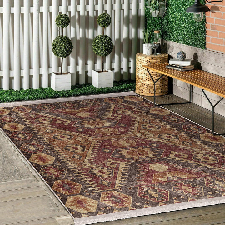 Oushak Pattern Rug|Rustic Design Farmhouse Carpet|Machine-Washable Fringed Non-Slip Rug|Ethnic Worn Looking Multi-Purpose Anti-Slip Carpet