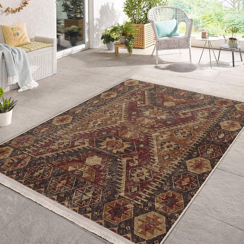 Oushak Pattern Rug|Rustic Design Farmhouse Carpet|Machine-Washable Fringed Non-Slip Rug|Ethnic Worn Looking Multi-Purpose Anti-Slip Carpet