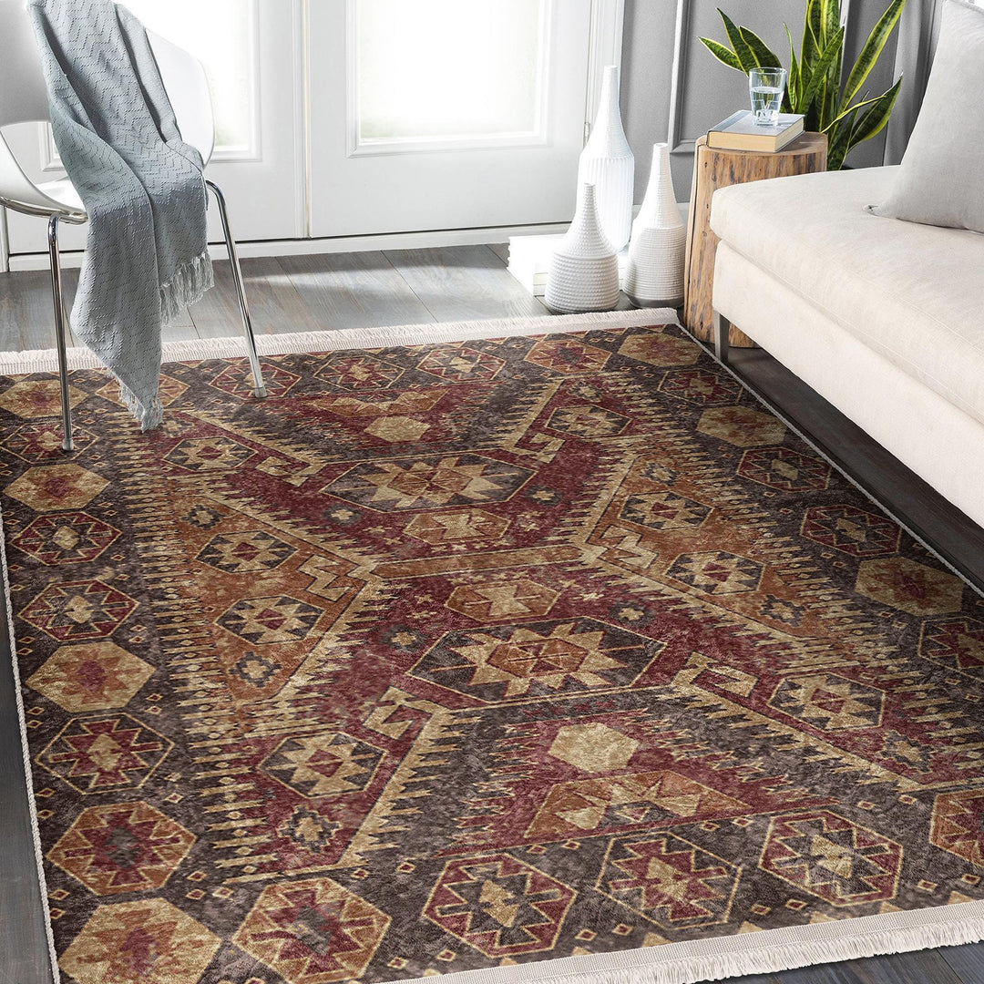 Oushak Pattern Rug|Rustic Design Farmhouse Carpet|Machine-Washable Fringed Non-Slip Rug|Ethnic Worn Looking Multi-Purpose Anti-Slip Carpet