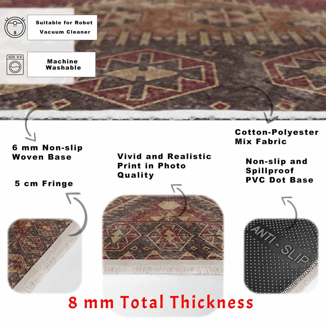 Oushak Pattern Rug|Rustic Design Farmhouse Carpet|Machine-Washable Fringed Non-Slip Rug|Ethnic Worn Looking Multi-Purpose Anti-Slip Carpet