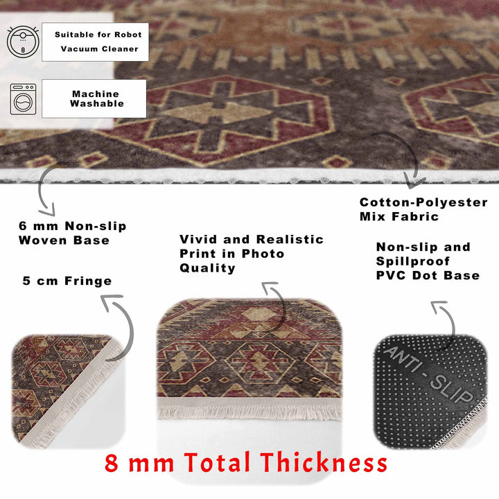 Oushak Pattern Rug|Rustic Design Farmhouse Carpet|Machine-Washable Fringed Non-Slip Rug|Ethnic Worn Looking Multi-Purpose Anti-Slip Carpet