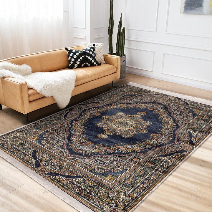 Ottoman Style Rug|Worn Looking Farmhouse Carpet|Machine-Washable Fringed Non-Slip Rug|Ethnic Multi-Purpose Anti-Slip Rustic Geometric Carpet