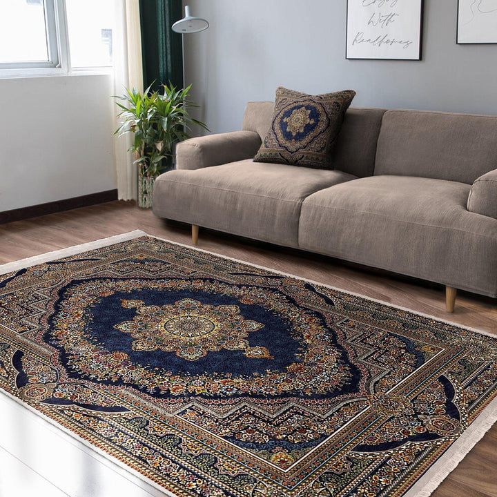 Ottoman Style Rug|Worn Looking Farmhouse Carpet|Machine-Washable Fringed Non-Slip Rug|Ethnic Multi-Purpose Anti-Slip Rustic Geometric Carpet