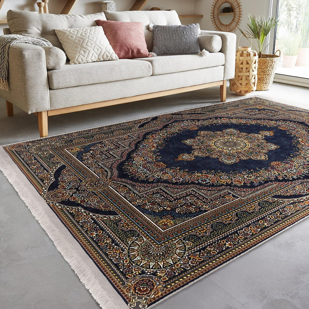 Ottoman Style Rug|Worn Looking Farmhouse Carpet|Machine-Washable Fringed Non-Slip Rug|Ethnic Multi-Purpose Anti-Slip Rustic Geometric Carpet