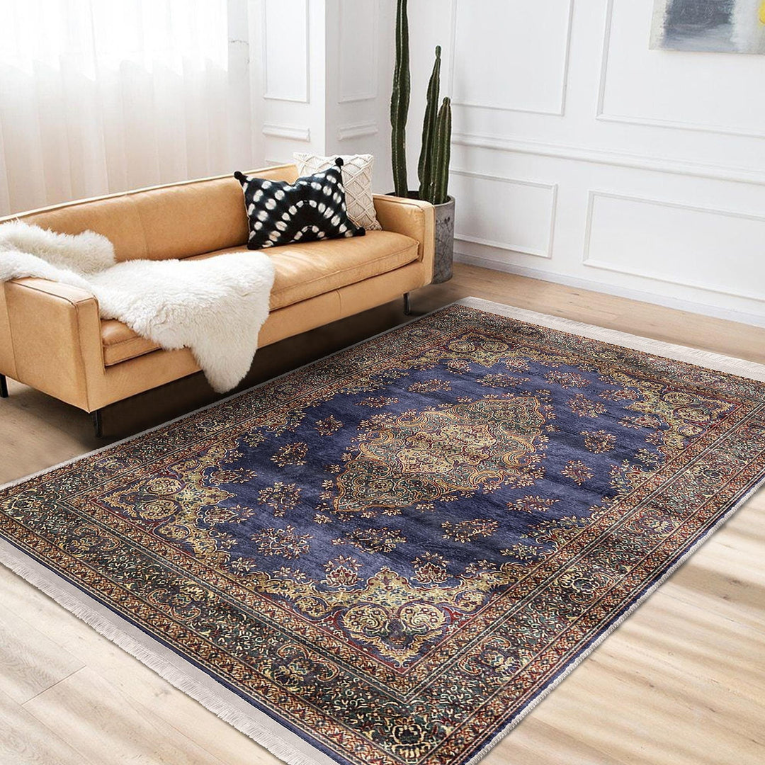 Oushak Pattern Rug|Ethnic Design Avangarde Carpet|Machine-Washable Fringed Non-Slip Rug|Multi-Purpose Anti-Slip Rustic Ottoman Carpet