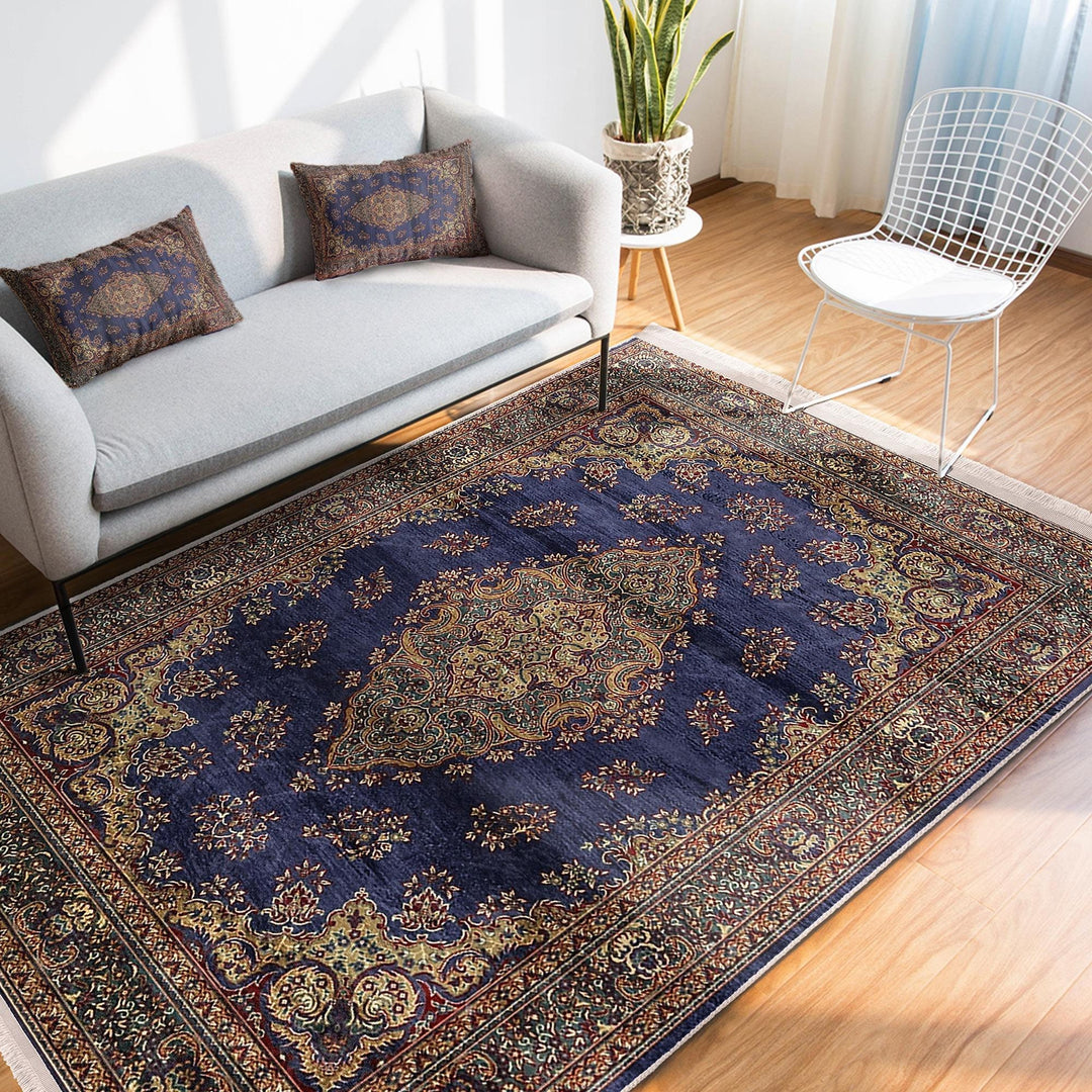 Oushak Pattern Rug|Ethnic Design Avangarde Carpet|Machine-Washable Fringed Non-Slip Rug|Multi-Purpose Anti-Slip Rustic Ottoman Carpet