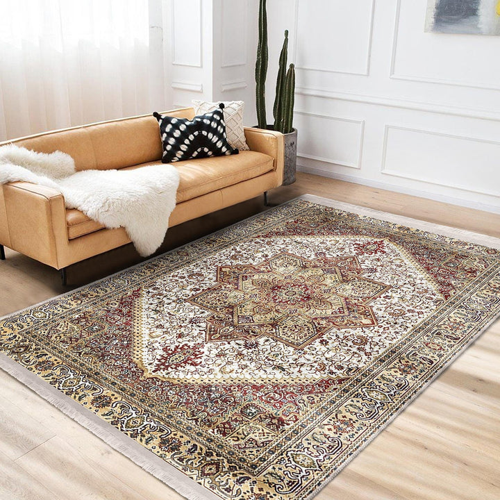 Ottoman Style Rug|Rustic Design Farmhouse Carpet|Machine-Washable Fringed Non-Slip Rug|Ethnic Retro Multi-Purpose Anti-Slip Geometric Carpet