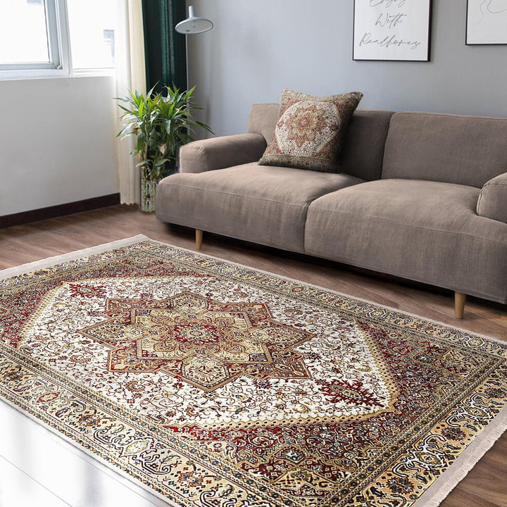 Ottoman Style Rug|Rustic Design Farmhouse Carpet|Machine-Washable Fringed Non-Slip Rug|Ethnic Retro Multi-Purpose Anti-Slip Geometric Carpet
