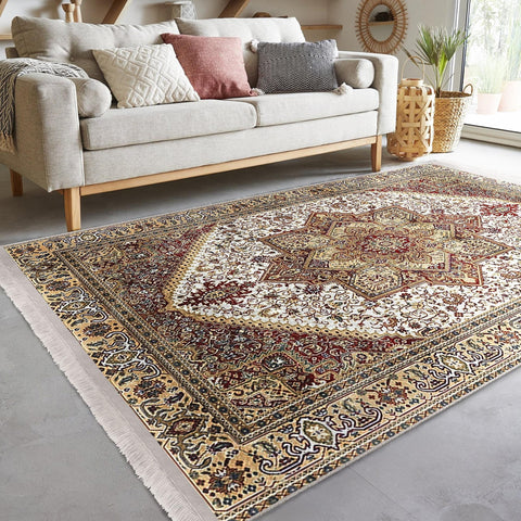 Ottoman Style Rug|Rustic Design Farmhouse Carpet|Machine-Washable Fringed Non-Slip Rug|Ethnic Retro Multi-Purpose Anti-Slip Geometric Carpet