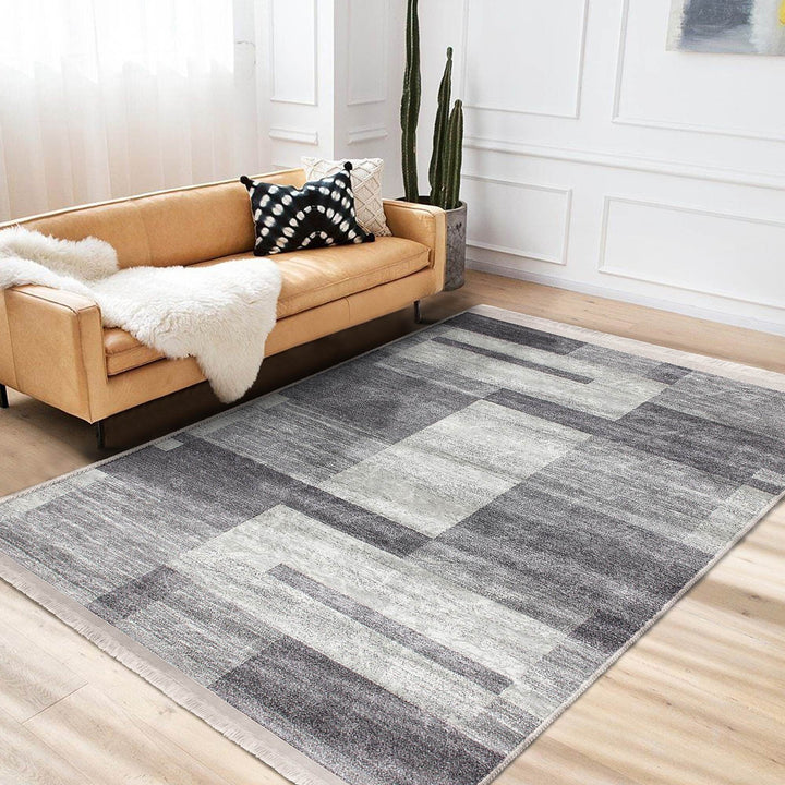 Abstract Area Rug|Gray Cream Carpet|Machine-Washable Fringed Non-Slip Mat|Farmhouse Multi-Purpose Anti-Slip Carpet|Geometric Living Room Rug