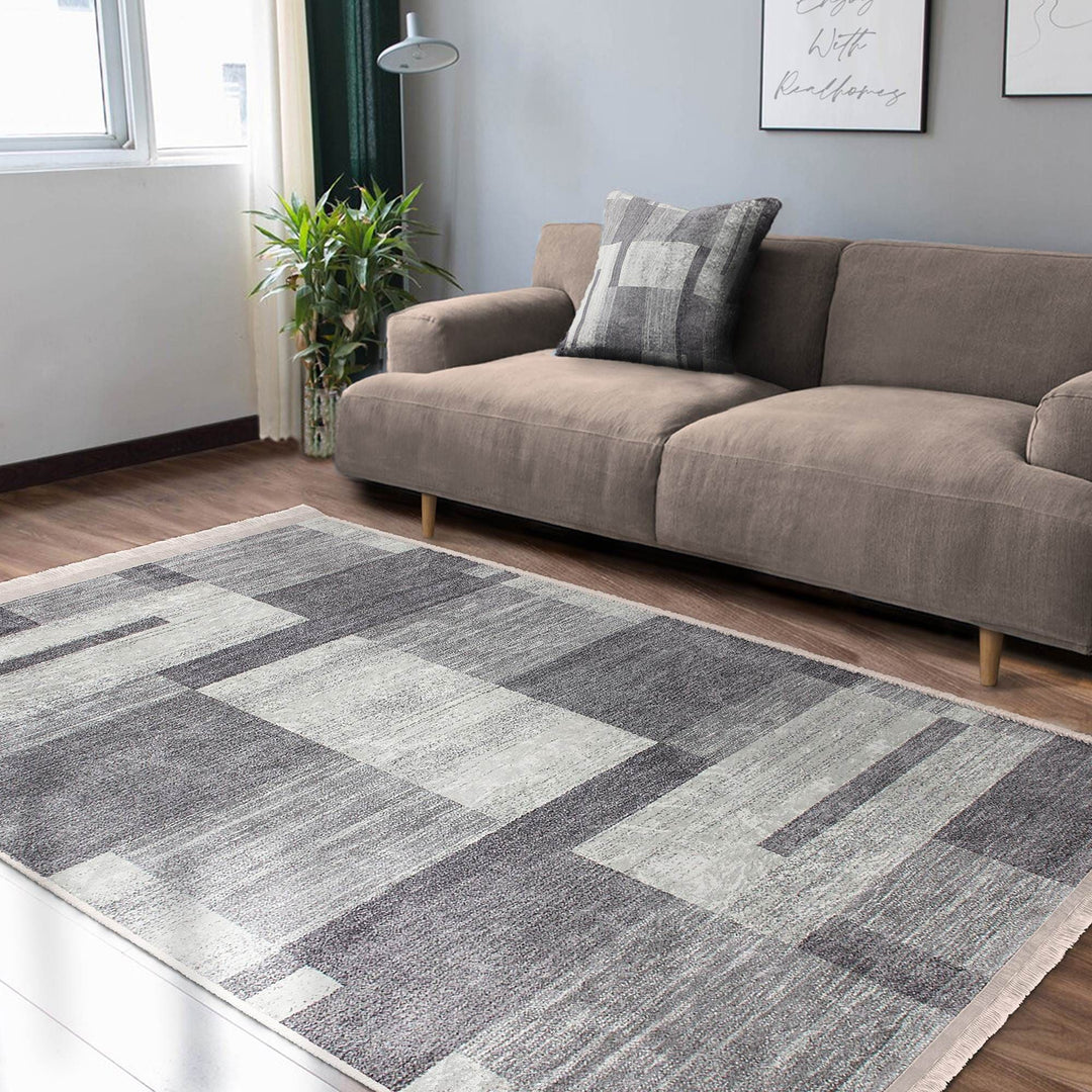 Abstract Area Rug|Gray Cream Carpet|Machine-Washable Fringed Non-Slip Mat|Farmhouse Multi-Purpose Anti-Slip Carpet|Geometric Living Room Rug
