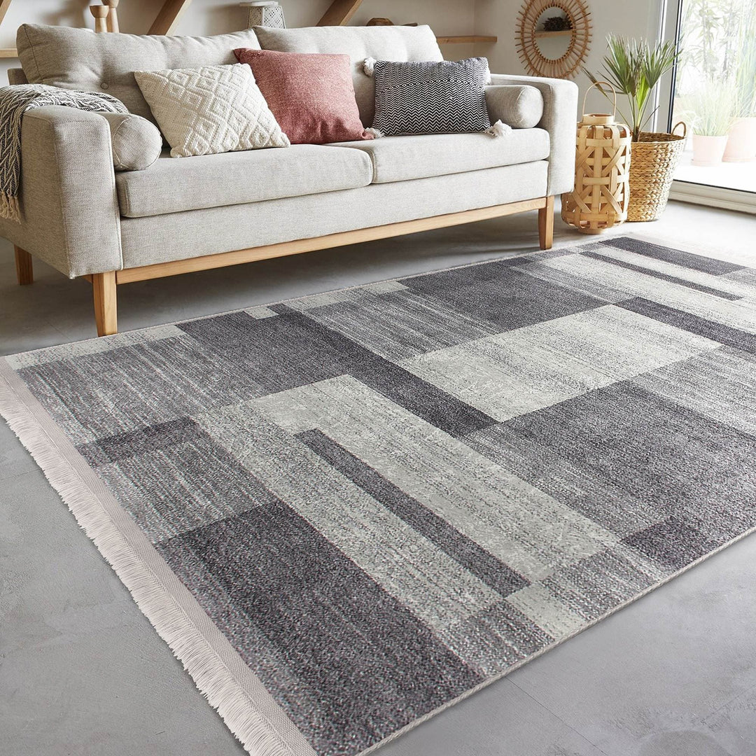 Abstract Area Rug|Gray Cream Carpet|Machine-Washable Fringed Non-Slip Mat|Farmhouse Multi-Purpose Anti-Slip Carpet|Geometric Living Room Rug