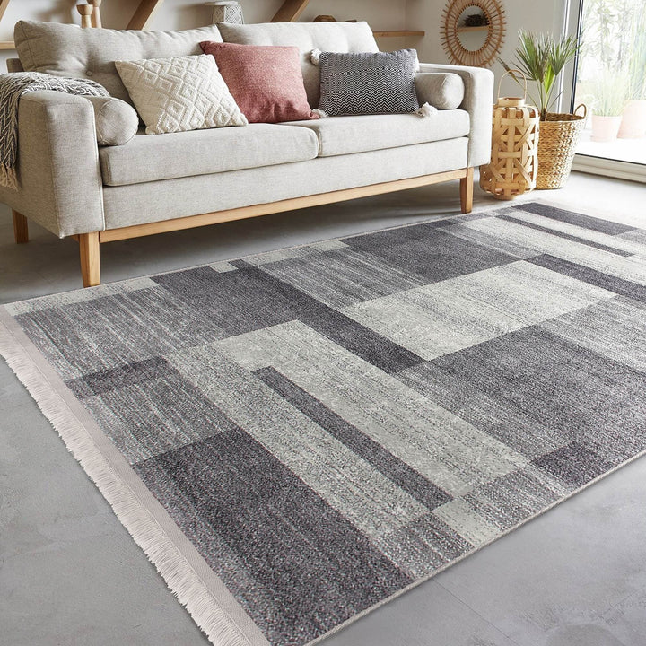 Abstract Area Rug|Gray Cream Carpet|Machine-Washable Fringed Non-Slip Mat|Farmhouse Multi-Purpose Anti-Slip Carpet|Geometric Living Room Rug