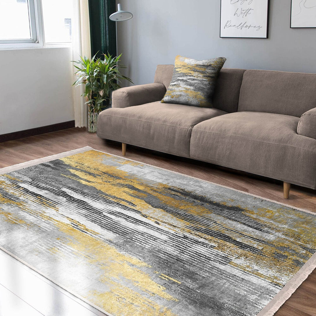 Abstract Area Rug|Gray Gold Carpet|Machine-Washable Fringed Non-Slip Mat|Farmhouse Multi-Purpose Anti-Slip Carpet|Boho Living Room Rug