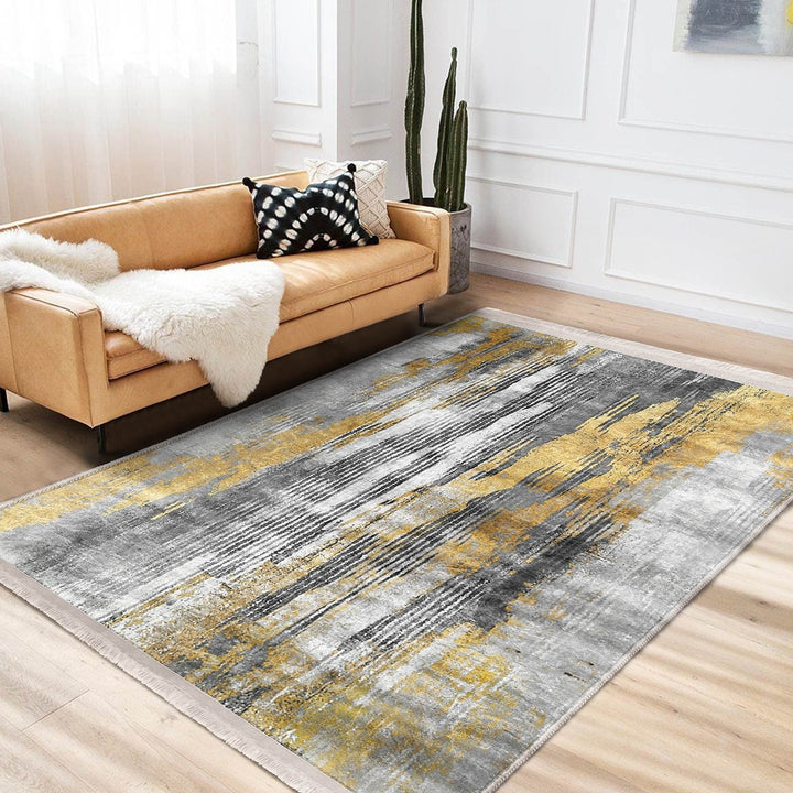 Abstract Area Rug|Gray Gold Carpet|Machine-Washable Fringed Non-Slip Mat|Farmhouse Multi-Purpose Anti-Slip Carpet|Boho Living Room Rug