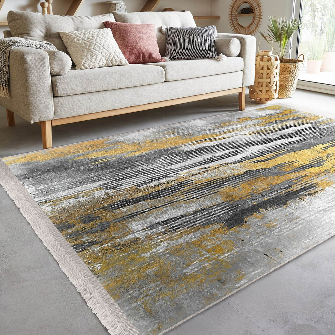 Abstract Area Rug|Gray Gold Carpet|Machine-Washable Fringed Non-Slip Mat|Farmhouse Multi-Purpose Anti-Slip Carpet|Boho Living Room Rug