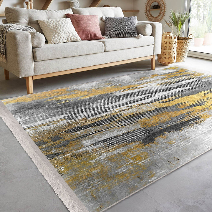 Abstract Area Rug|Gray Gold Carpet|Machine-Washable Fringed Non-Slip Mat|Farmhouse Multi-Purpose Anti-Slip Carpet|Boho Living Room Rug