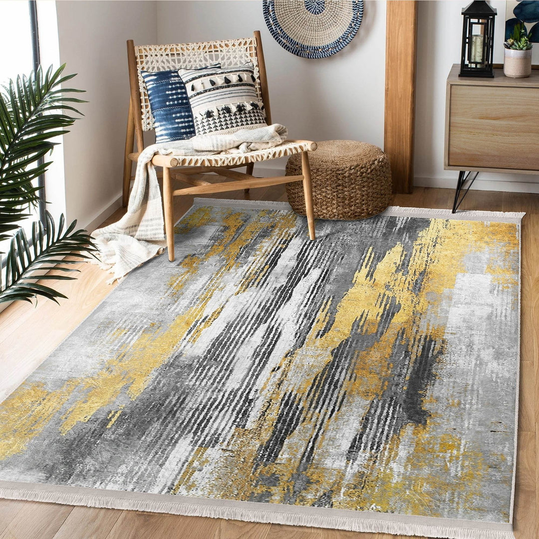 Abstract Area Rug|Gray Gold Carpet|Machine-Washable Fringed Non-Slip Mat|Farmhouse Multi-Purpose Anti-Slip Carpet|Boho Living Room Rug