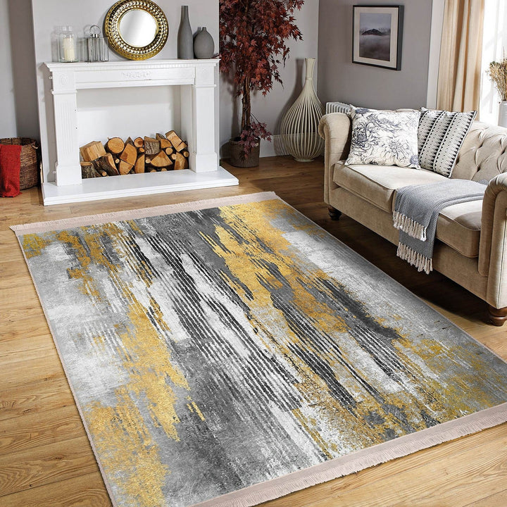 Abstract Area Rug|Gray Gold Carpet|Machine-Washable Fringed Non-Slip Mat|Farmhouse Multi-Purpose Anti-Slip Carpet|Boho Living Room Rug