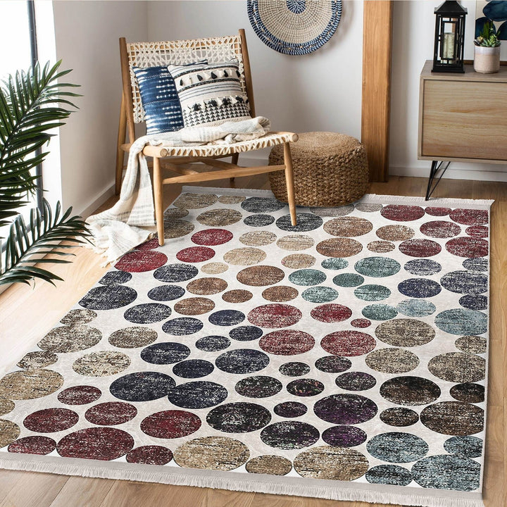 Circular Pattern Rug|Abstract Area Rug|Machine-Washable Fringed Non-Slip Mat|Stylish Multi-Purpose Anti-Slip Carpet|Boho Living Room Carpet