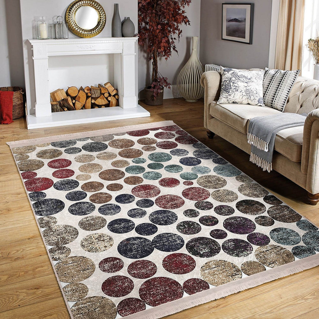 Circular Pattern Rug|Abstract Area Rug|Machine-Washable Fringed Non-Slip Mat|Stylish Multi-Purpose Anti-Slip Carpet|Boho Living Room Carpet