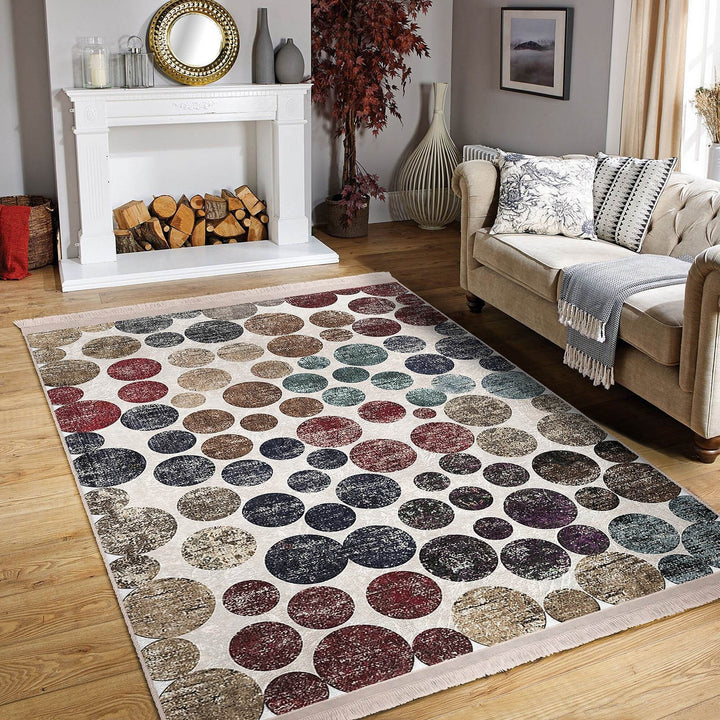 Circular Pattern Rug|Abstract Area Rug|Machine-Washable Fringed Non-Slip Mat|Stylish Multi-Purpose Anti-Slip Carpet|Boho Living Room Carpet