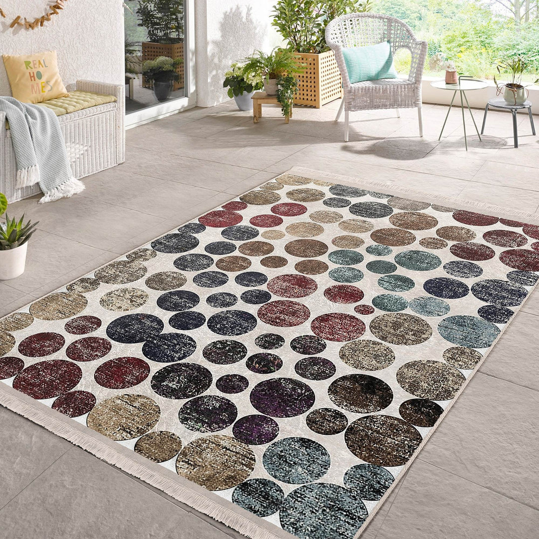 Circular Pattern Rug|Abstract Area Rug|Machine-Washable Fringed Non-Slip Mat|Stylish Multi-Purpose Anti-Slip Carpet|Boho Living Room Carpet