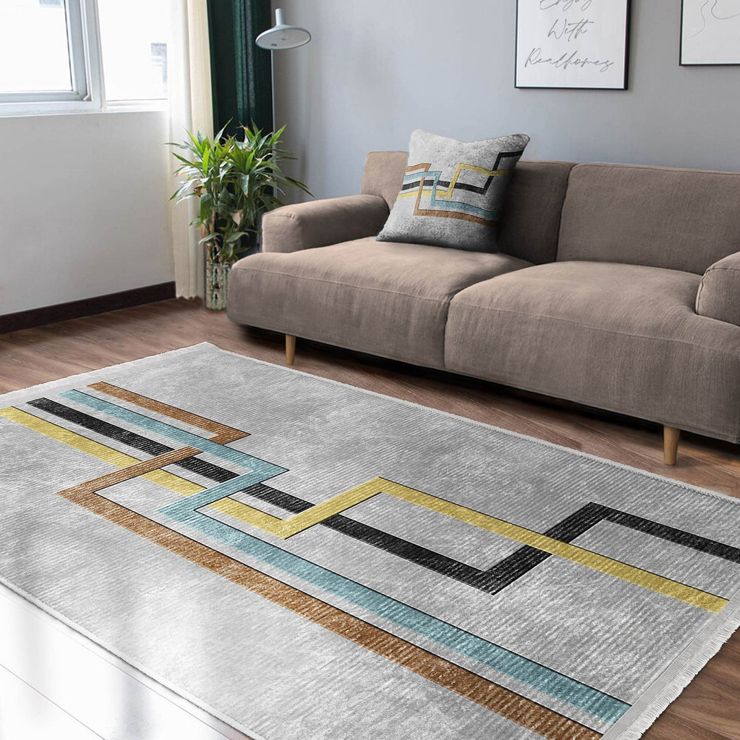 Abstract Area Rug|Boho Style Carpet|Machine-Washable Fringed Non-Slip Mat|Stylish Multi-Purpose Anti-Slip Carpet|Geometric Living Room Rug