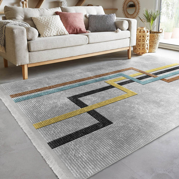 Abstract Area Rug|Boho Style Carpet|Machine-Washable Fringed Non-Slip Mat|Stylish Multi-Purpose Anti-Slip Carpet|Geometric Living Room Rug