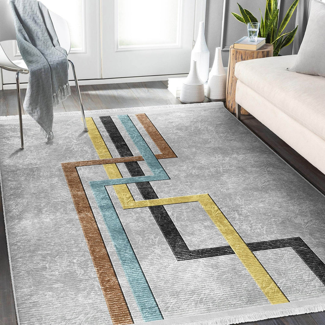 Abstract Area Rug|Boho Style Carpet|Machine-Washable Fringed Non-Slip Mat|Stylish Multi-Purpose Anti-Slip Carpet|Geometric Living Room Rug