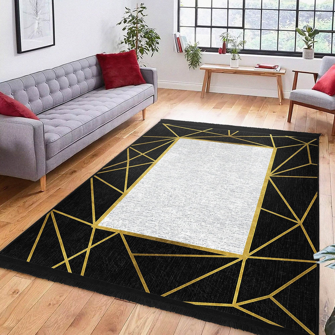 Bordered Area Carpet|Abstract Design Rug|Modern Floor Rug|Machine-Washable Fringed Non-Slip Mat|Multi-Purpose Anti-Slip Housewarming Carpet