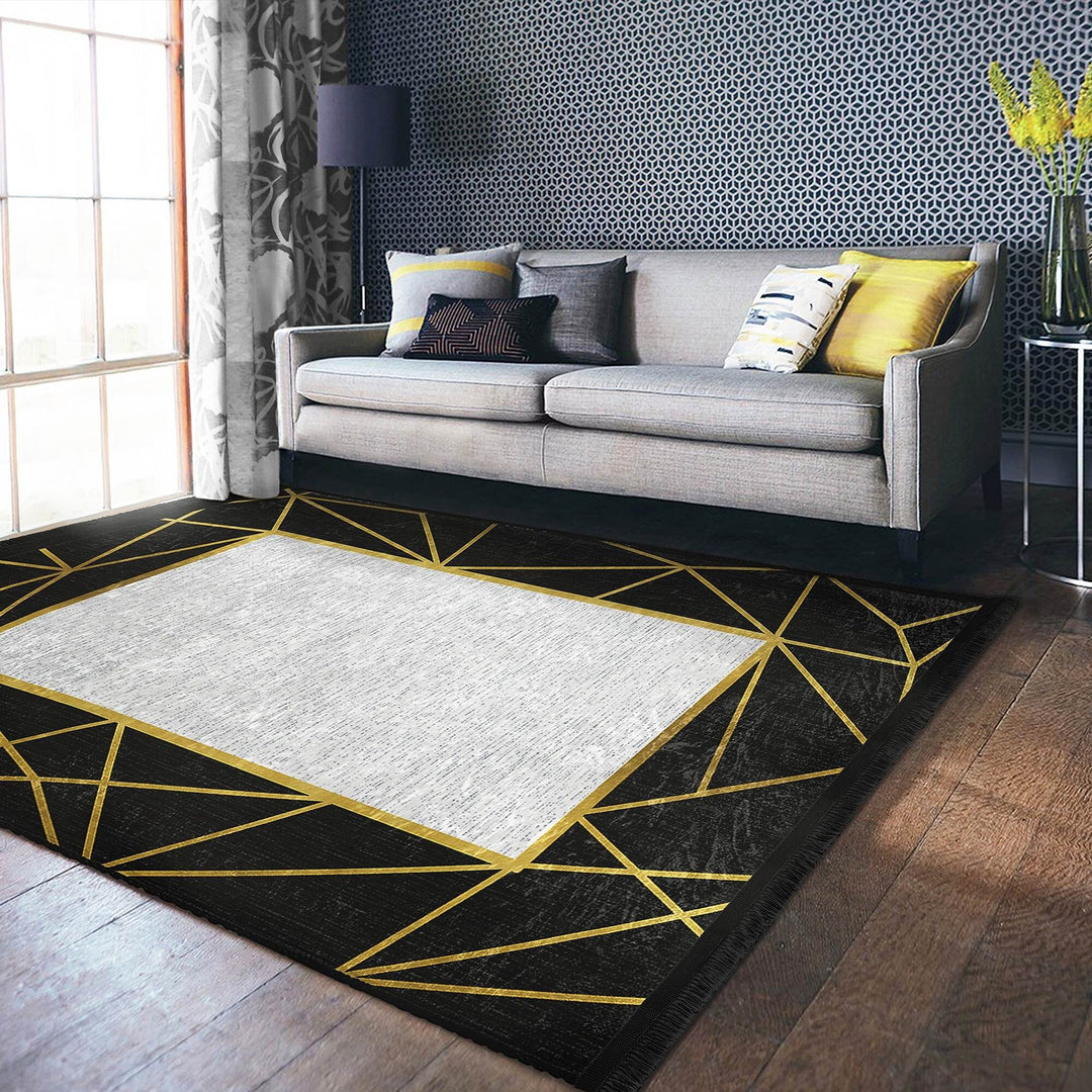 Bordered Area Carpet|Abstract Design Rug|Modern Floor Rug|Machine-Washable Fringed Non-Slip Mat|Multi-Purpose Anti-Slip Housewarming Carpet