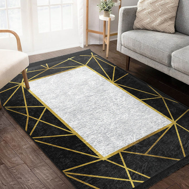 Bordered Area Carpet|Abstract Design Rug|Modern Floor Rug|Machine-Washable Fringed Non-Slip Mat|Multi-Purpose Anti-Slip Housewarming Carpet