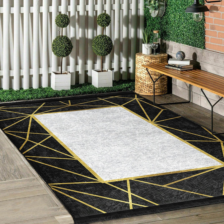Bordered Area Carpet|Abstract Design Rug|Modern Floor Rug|Machine-Washable Fringed Non-Slip Mat|Multi-Purpose Anti-Slip Housewarming Carpet