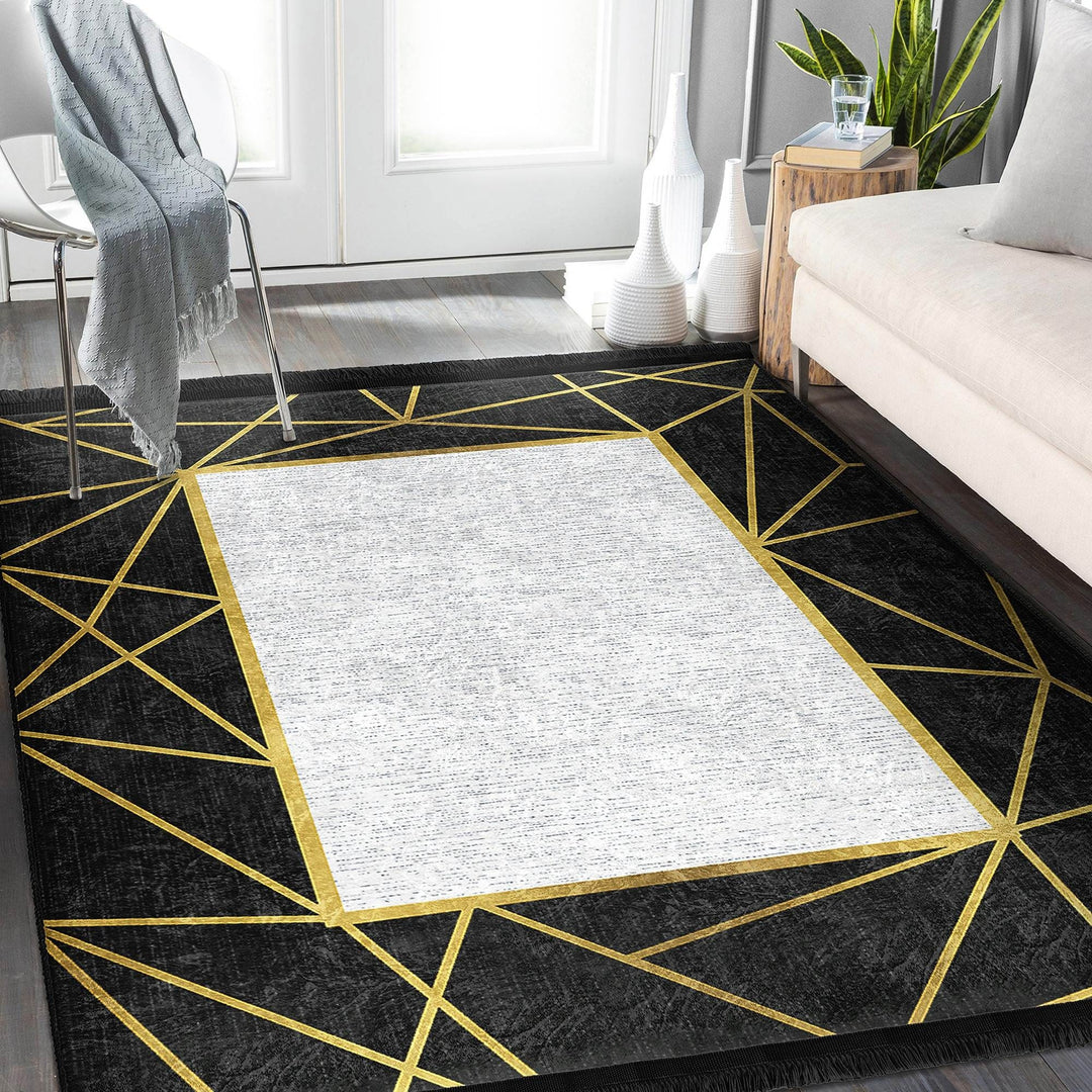 Bordered Area Carpet|Abstract Design Rug|Modern Floor Rug|Machine-Washable Fringed Non-Slip Mat|Multi-Purpose Anti-Slip Housewarming Carpet