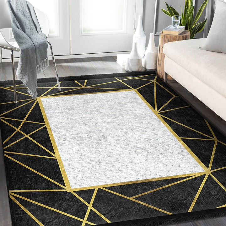 Bordered Area Carpet|Abstract Design Rug|Modern Floor Rug|Machine-Washable Fringed Non-Slip Mat|Multi-Purpose Anti-Slip Housewarming Carpet