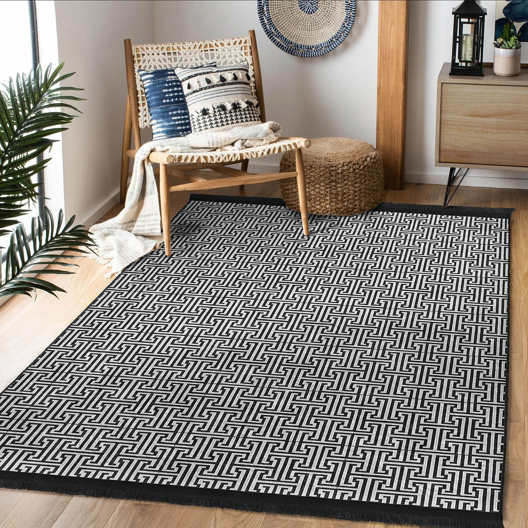 Greek Key Area Rug|Geometric Rug|Boho Design Carpet|Machine-Washable Fringed Non-Slip Mat|Multi-Purpose Anti-Slip Abstract Stylish Carpet