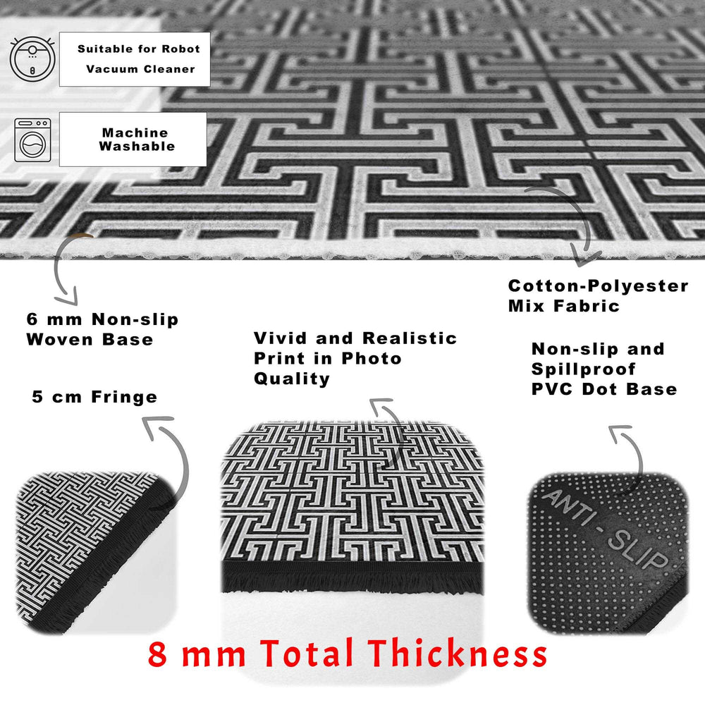 Greek Key Area Rug|Geometric Rug|Boho Design Carpet|Machine-Washable Fringed Non-Slip Mat|Multi-Purpose Anti-Slip Abstract Stylish Carpet